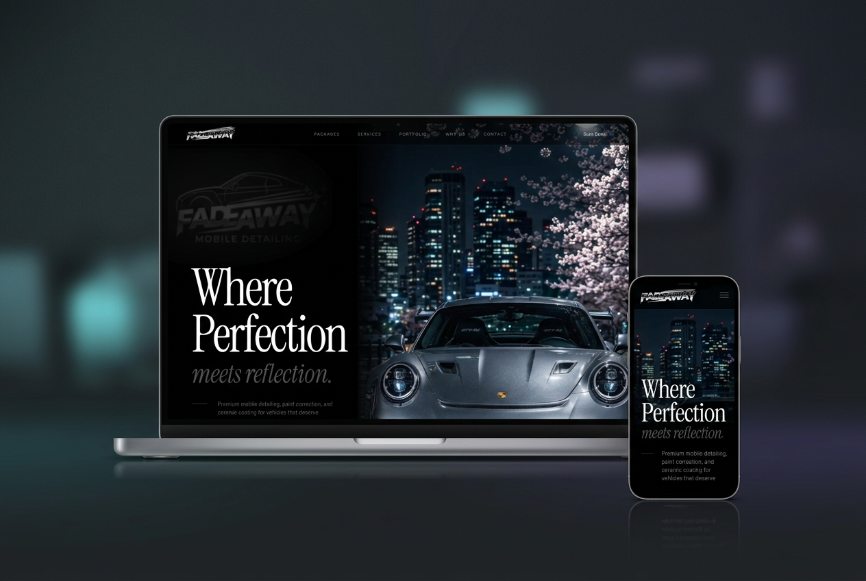 Portfolio showcase mockup of the Fade Away Detail website on a laptop and phone with cinematic lighting