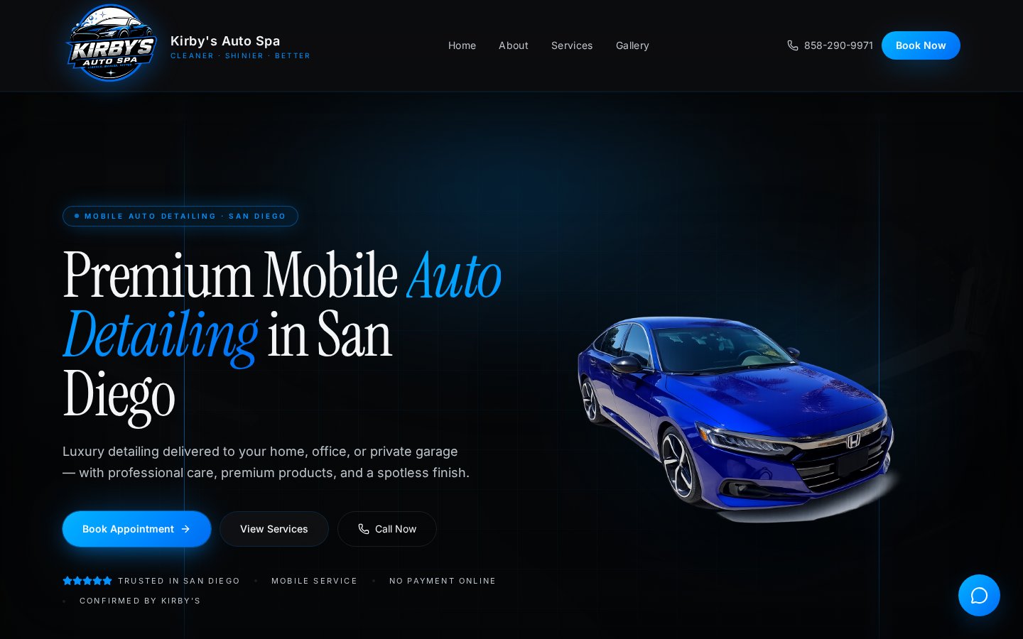 Homepage hero of kirbysautospa.com showing a blue sedan and the headline Premium Mobile Auto Detailing in San Diego