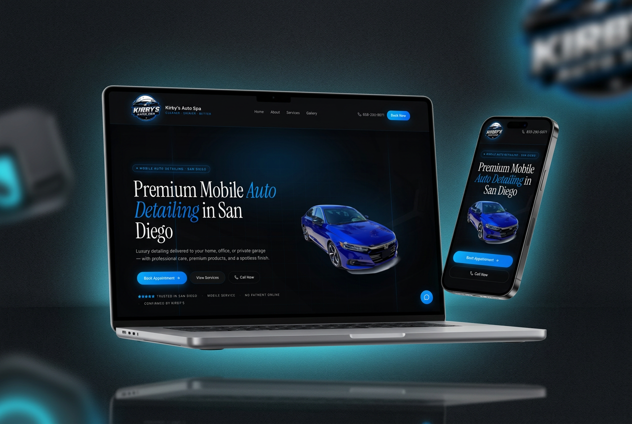 Portfolio showcase mockup of the Kirby's Auto Spa website on a laptop and phone with cyan accent lighting
