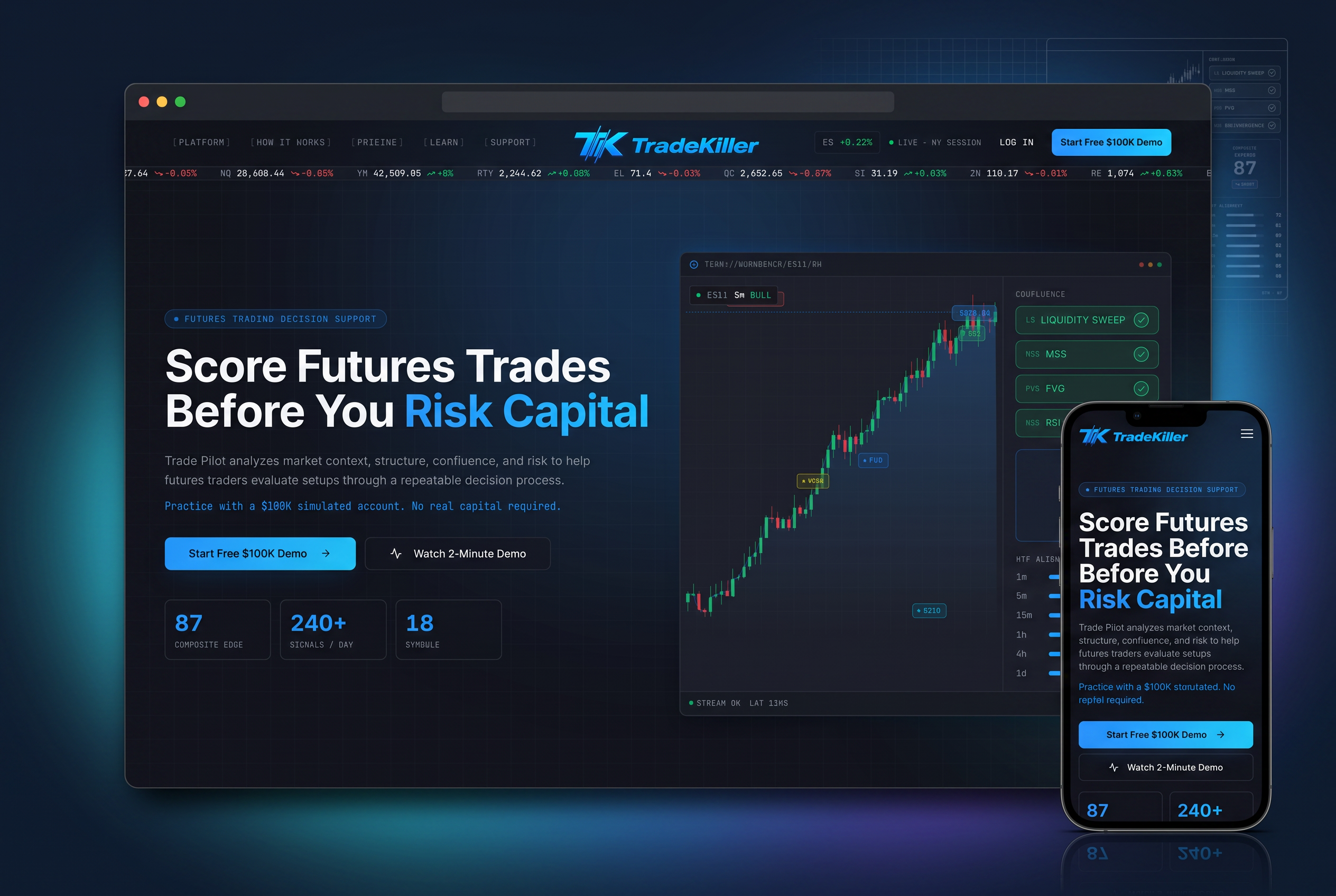 Portfolio showcase of the TradeKiller website presented on a desktop browser frame and mobile device with cyan and violet ambient lighting